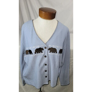 Christopher & Banks Womens Large Blue Black Bear Embroidered Button Up Cardigan